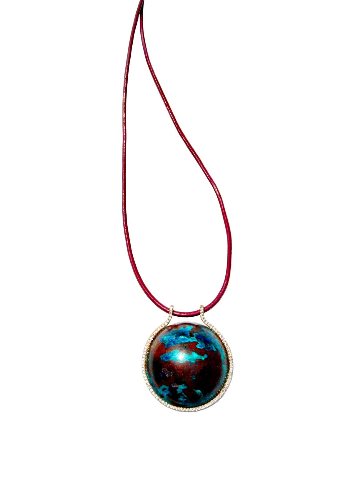 Front view of Shattuckite healing sphere with diamonds showcasing a blue and red polished sphere in 18k gold on leather cord