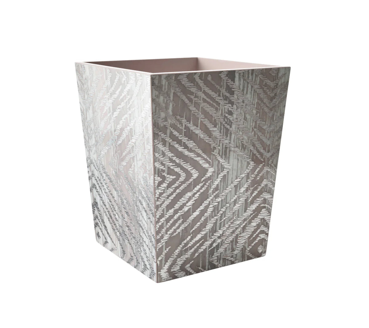 Front three-quarter view of Zebra Waste Basket showcasing metallic silver and gray zebra pattern with open top on white background