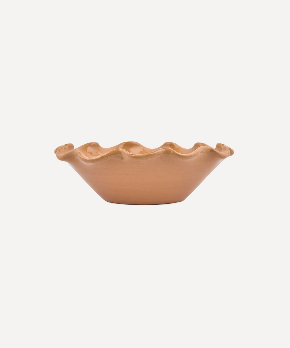 Front view of Ruffle Ceramic Bowl in Terracotta showcasing its wavy ruffle rim with a plain white background
