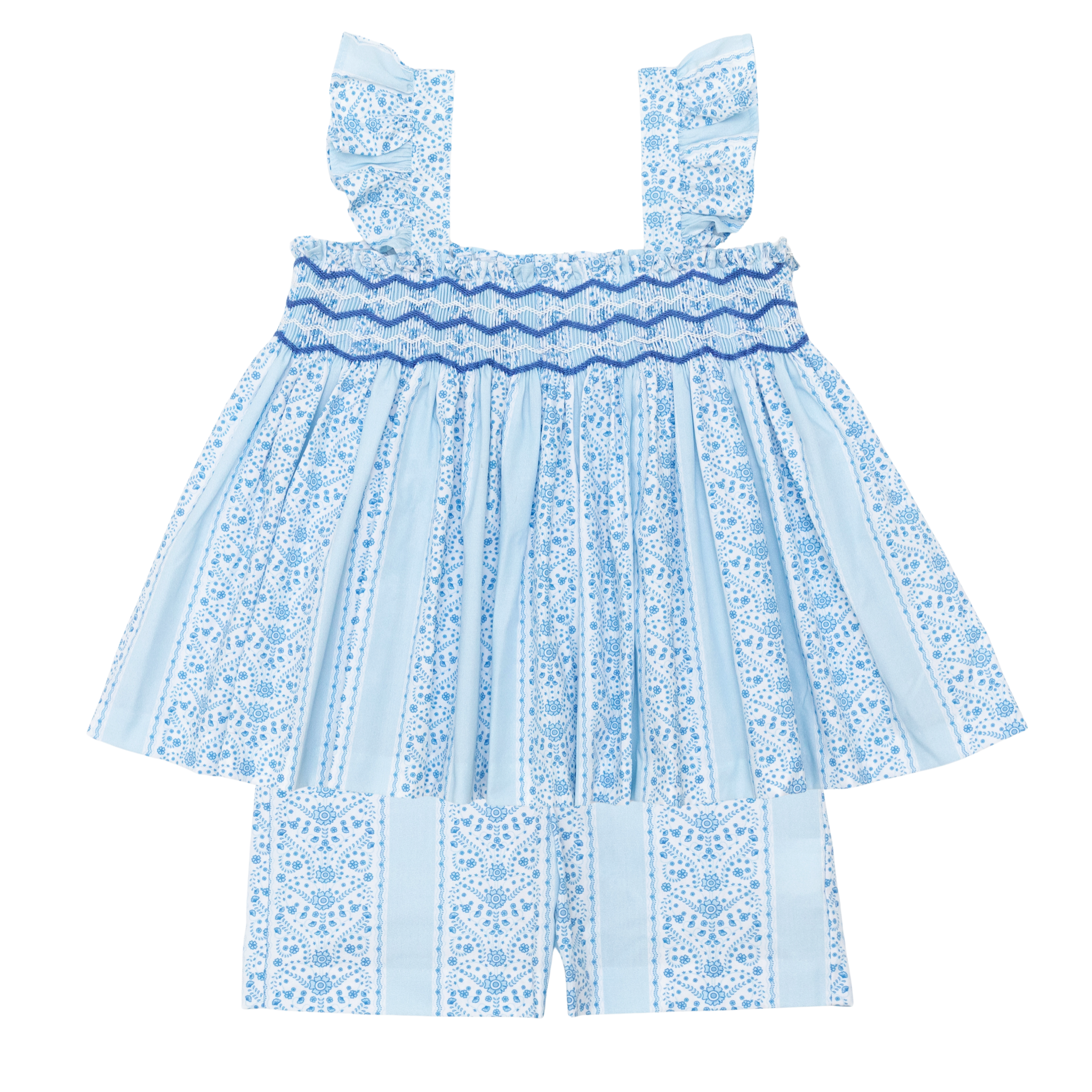 Henry Duvall girls smocked shorts set in South Charles Stripe, a classic two-piece outfit with flutter sleeves and blue embroidered smocking.