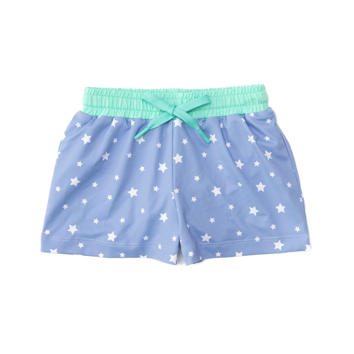 Flat-lay front of Tatum Trunks boys’ swim trunks with mint elastic waistband and drawstring, white stars on light blue