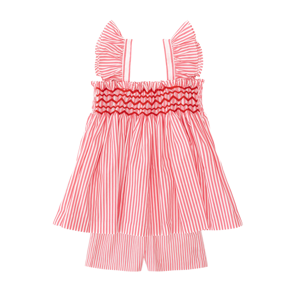 Henry Duvall girls smocked shorts set in red & white strip, a classic two-piece outfit with flutter sleeves and blue embroidered smocking.