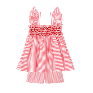 Henry Duvall girls smocked shorts set in red & white strip, a classic two-piece outfit with flutter sleeves and blue embroidered smocking.