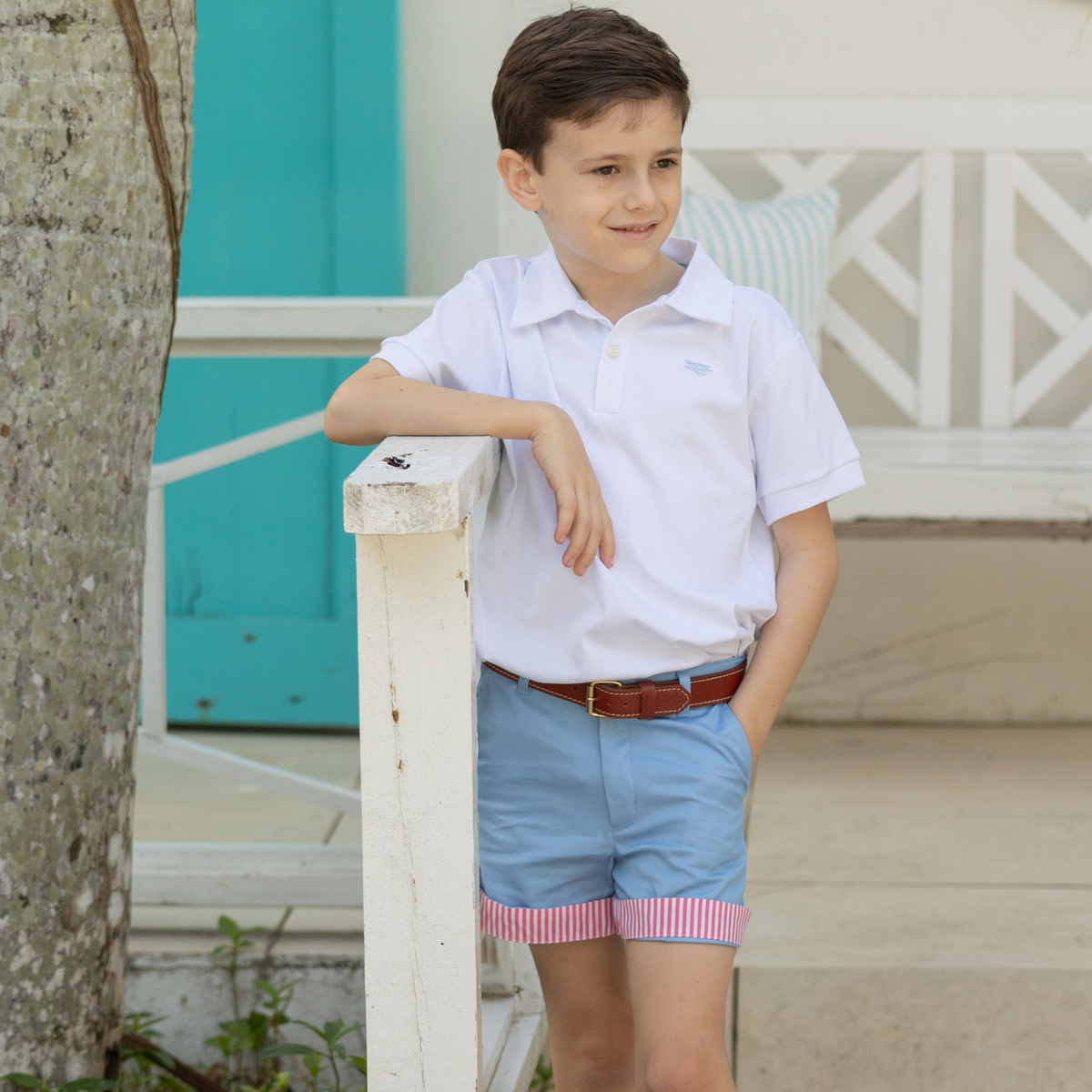 Henry Duvall Wyatt boys shorts in East Beach Blue with Seaside Stripe cuff, classic preppy summer shorts for Memorial Day, 4th of July, and everyday wear