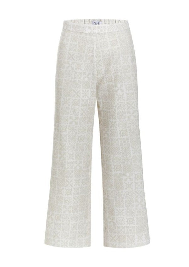 High-Waisted, Wide-Leg Pants in White with Beige Checkerboard