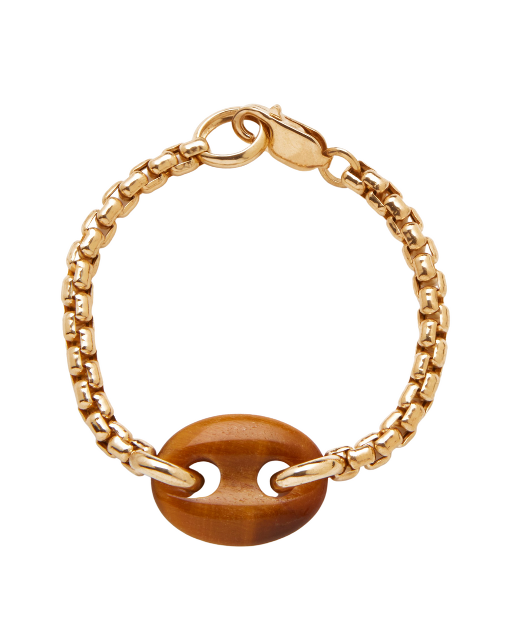 Top-down view of Single Stone Mariner Link Bracelet showcasing a brown hand-carved stone link and 18k yellow gold mariner chain on white background