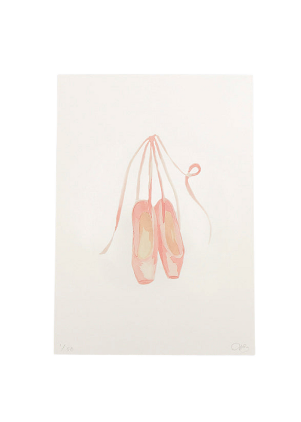 Front view of Limited Edition Ballet Shoes print showcasing pink watercolor pointe shoes hanging by tied ribbons on ivory paper