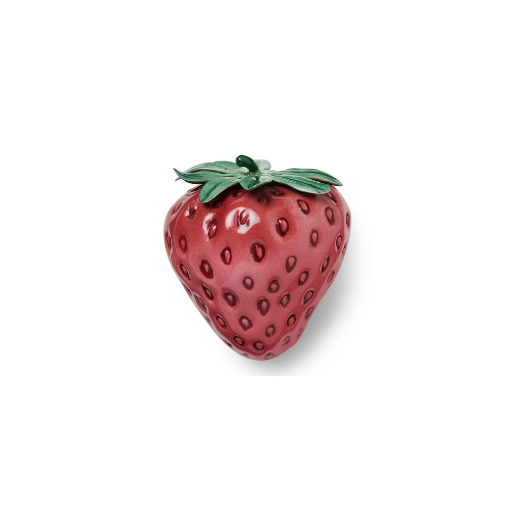 Front view of Porcelain Strawberry in Vintage Pink showcasing hand-painted seeds and leafy top on white background