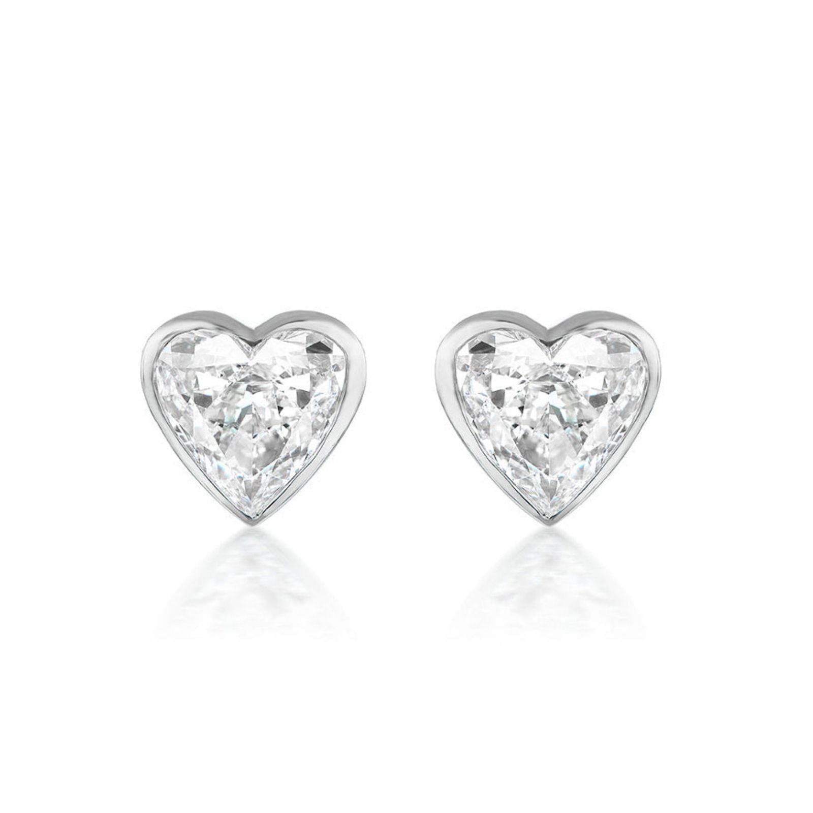 Bezel Set Diamond Heart Studs featuring G color stones in white metal, showcased on a plain white background.