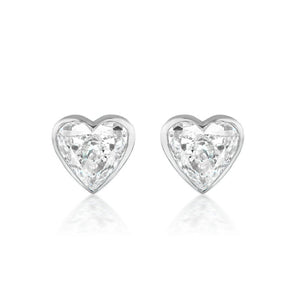 Bezel Set Diamond Heart Studs featuring G color stones in white metal, showcased on a plain white background.