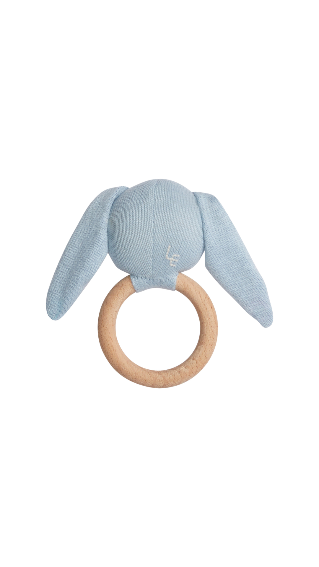 Front view of Rattle in Blue Bunny showcasing its blue knit bunny head, satin ears, and natural wood ring with a white background