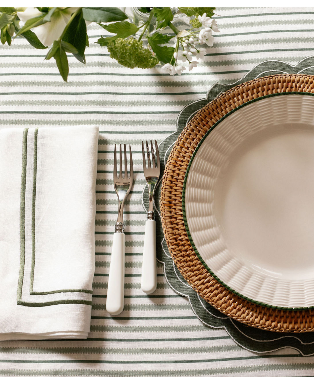 Rebecca Udall, Sophie Classic Two Cord Napkin Green with the Rattan Charger