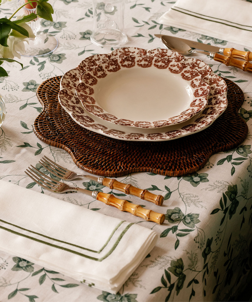 Rebecca Udall Sophie Classic Two Cord Napkin, Sage with the Scalloped Rattan Placemat