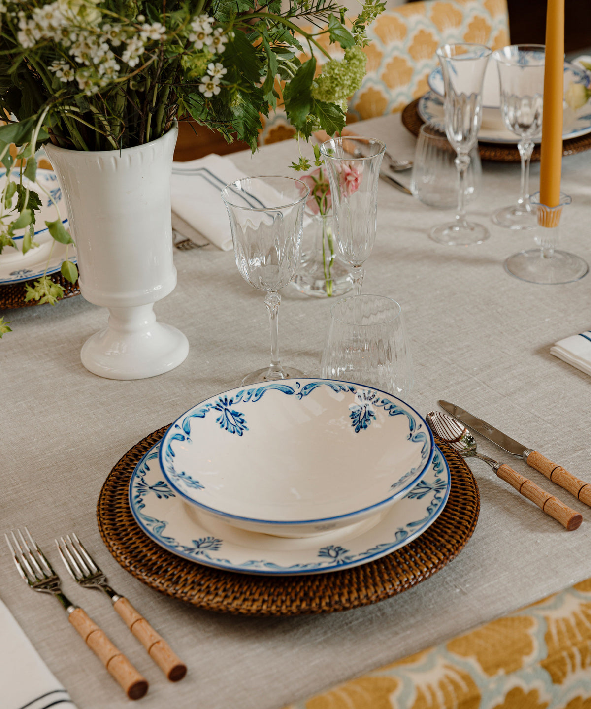 Rebecca Udall Classic Luxury Eleanor Pasta Bowl, Blue with the Rattan Charger