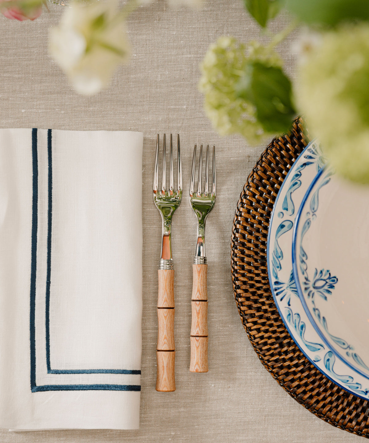 Rebecca Udall Sophie Classic Two Cord Napkin, Midnight Blue with Rattan Chargers
