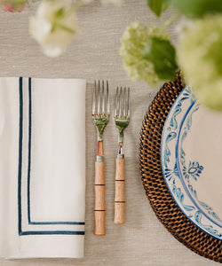 Rebecca Udall Sophie Classic Two Cord Napkin, Midnight Blue with Rattan Chargers