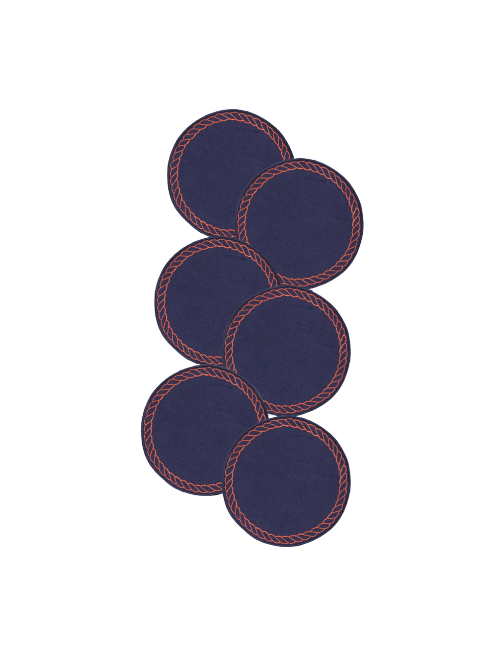 Bowline Linen Coasters in Navy with Blood Orange, Set of 6