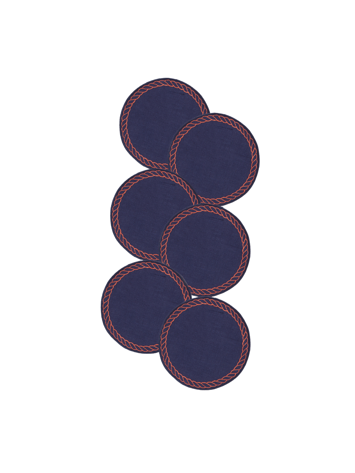 Bowline Linen Coasters in Navy with Blood Orange, Set of 6