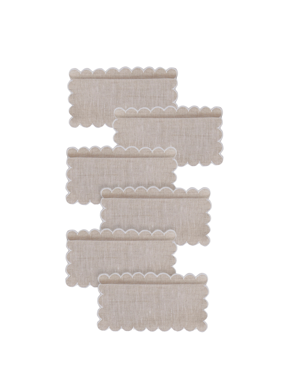 Top view of Bilbao cocktail napkins, set of 6, beige linen with white scalloped embroidered border on white background