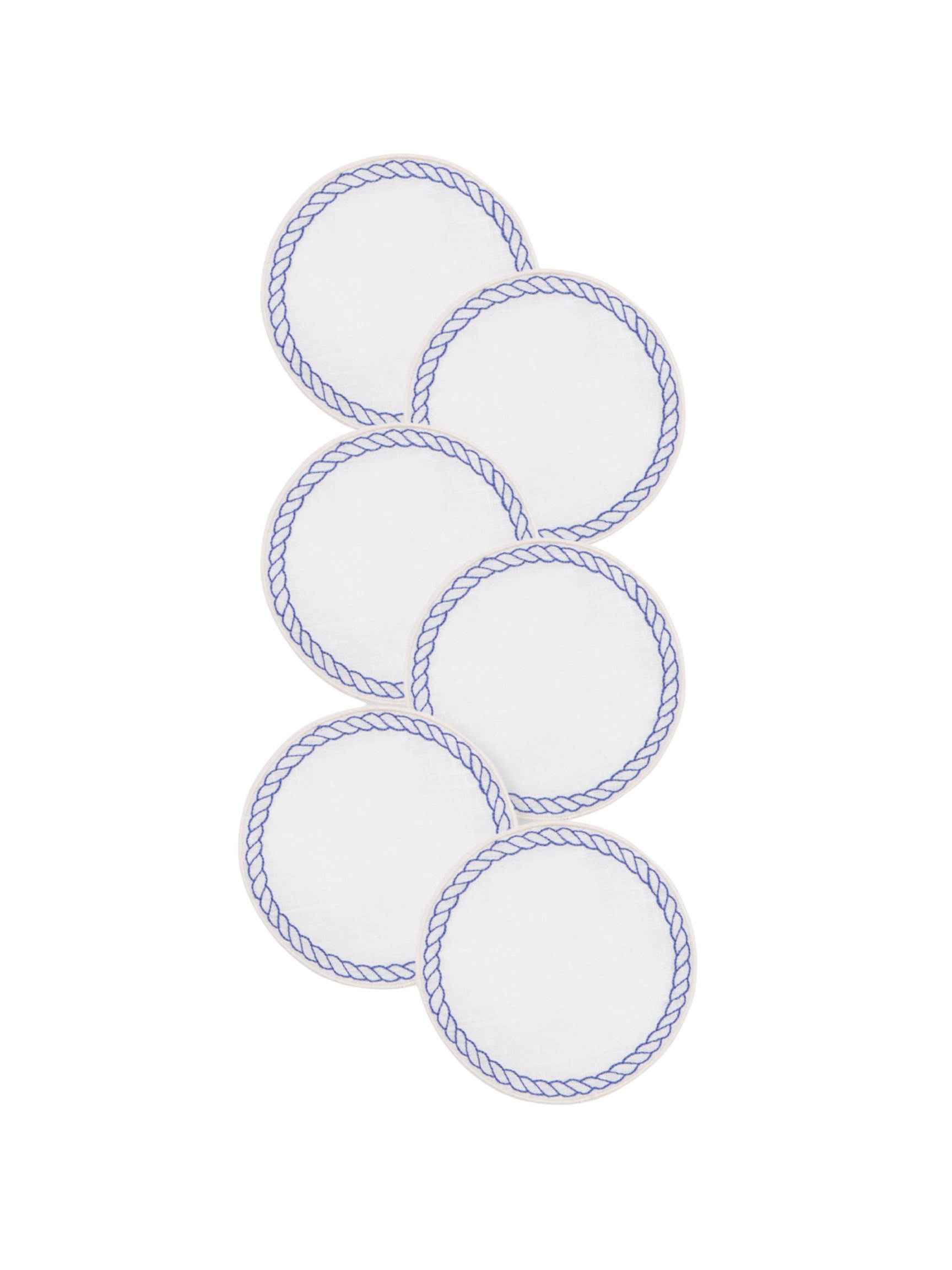 Bowline Linen Coasters in White with Navy, Set of 6