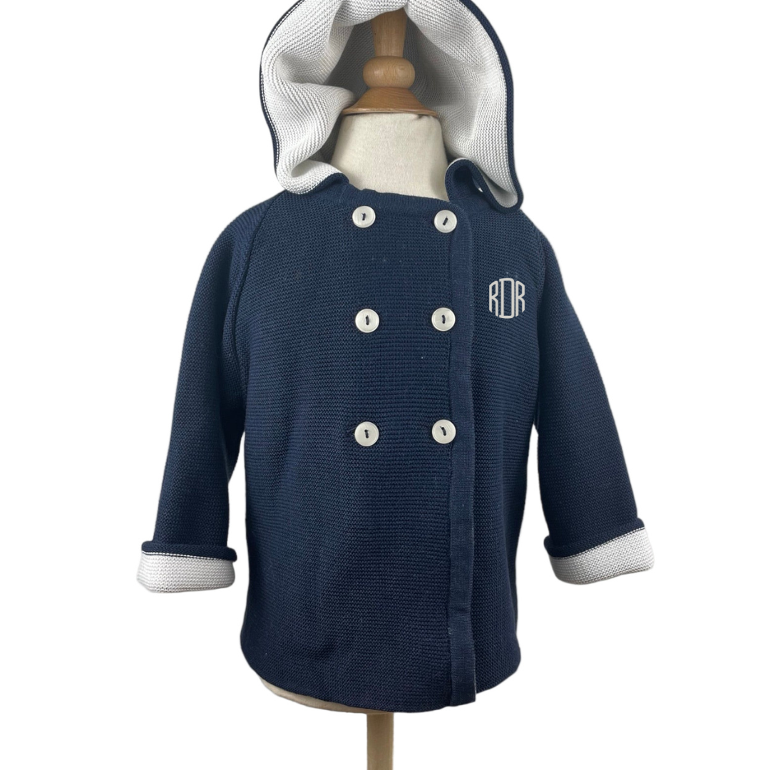 Cotton Seedstitch Double Breasted Jacket in Navy & Cream