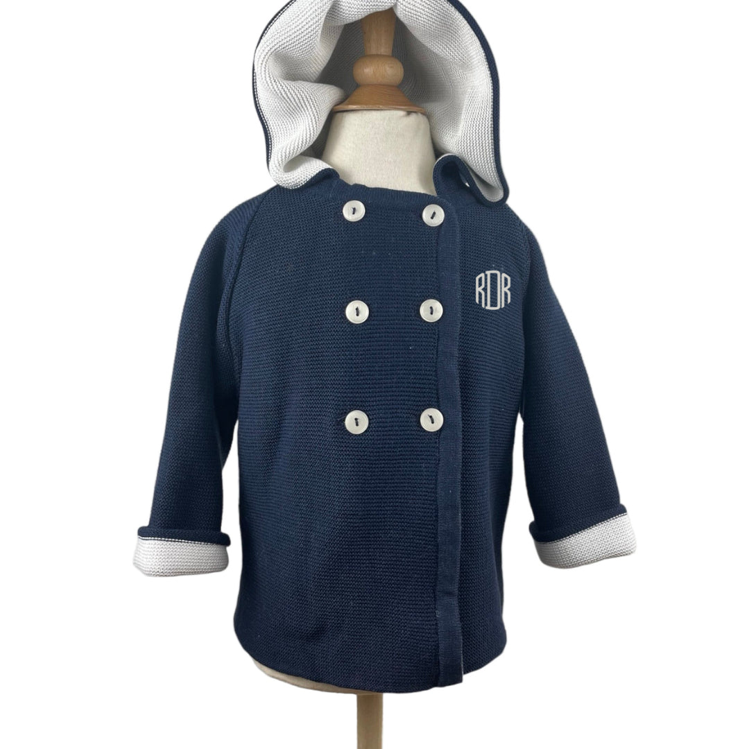 Cotton Seedstitch Double Breasted Jacket in Navy & Cream