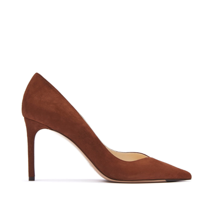 Side view of the Pamela 85 Suede Pump in Cacau showcasing its pointed toe and 3.34 inch heel with a white background
