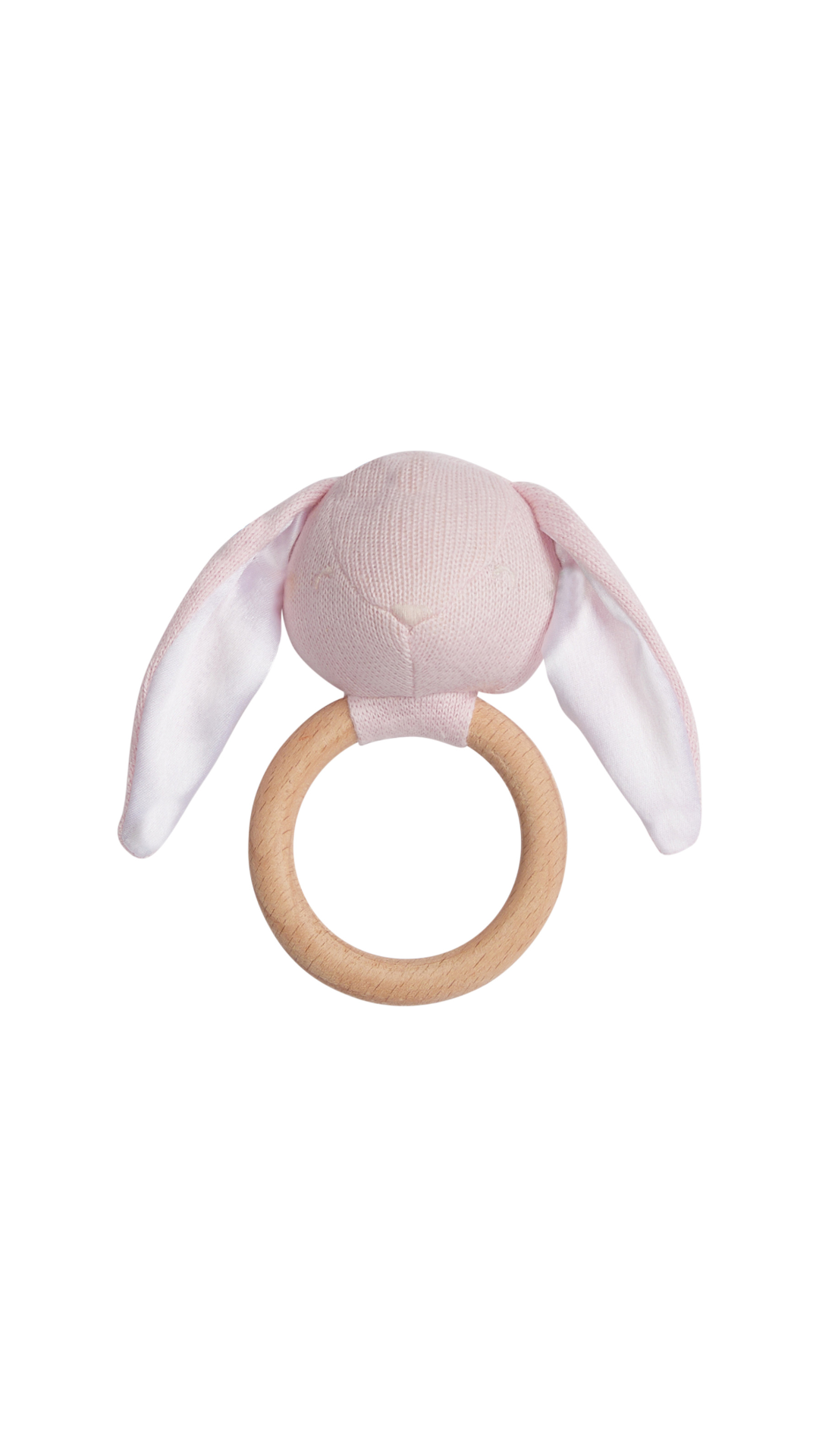 Front view of Rattle in Pink Bunny showcasing soft pink knit bunny head, satin ears, and natural wood ring on white background