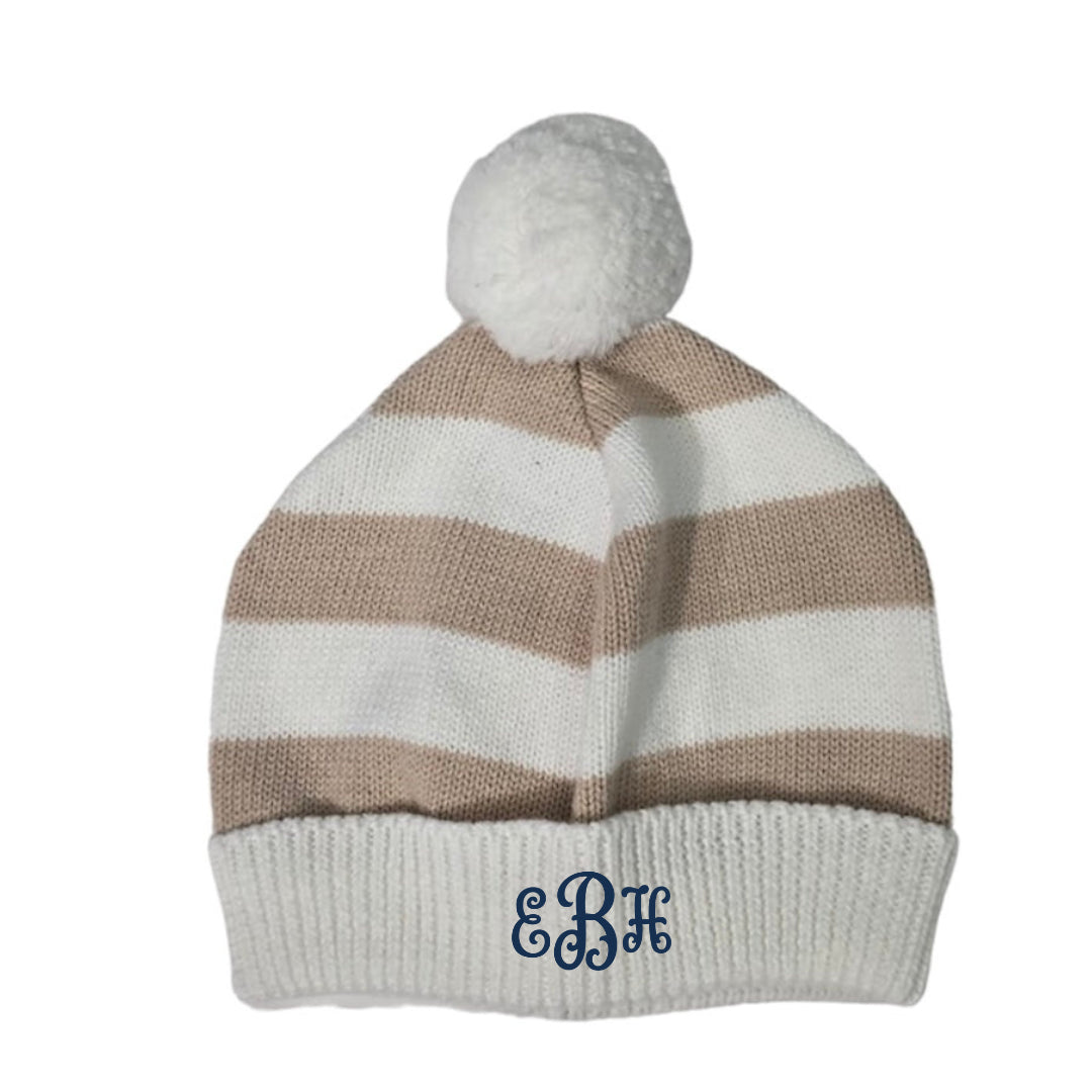 Cotton Striped Hat with Pom Pom in White & Oatmeal