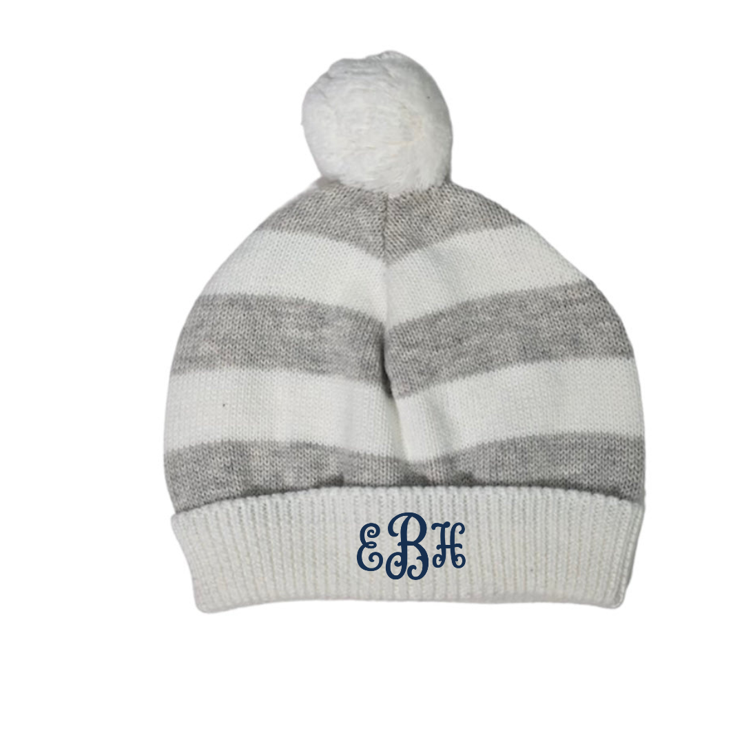 Cotton Striped Hat with Pom Pom in Whie & Heather Grey