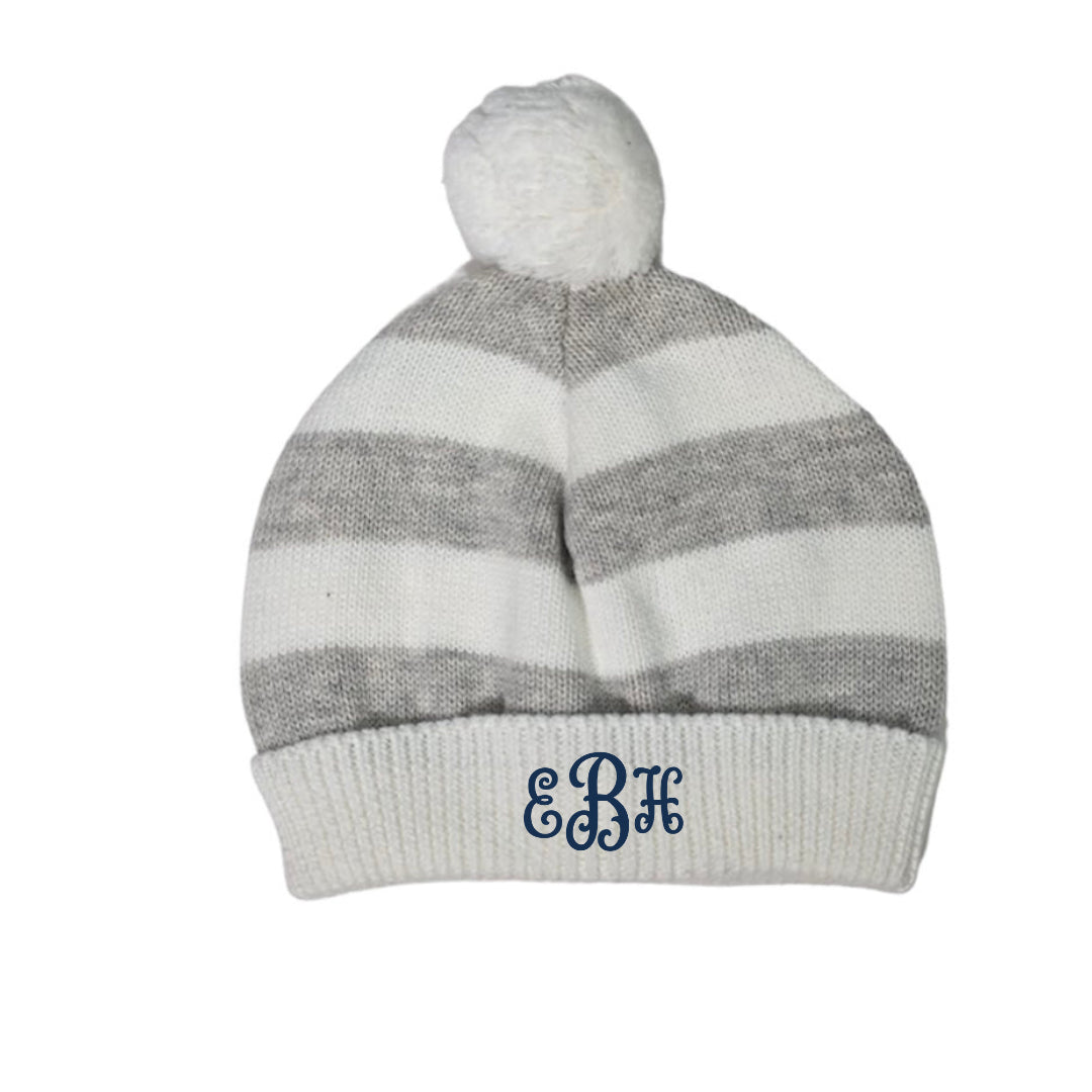 Cotton Striped Hat with Pom Pom in Whie & Heather Grey