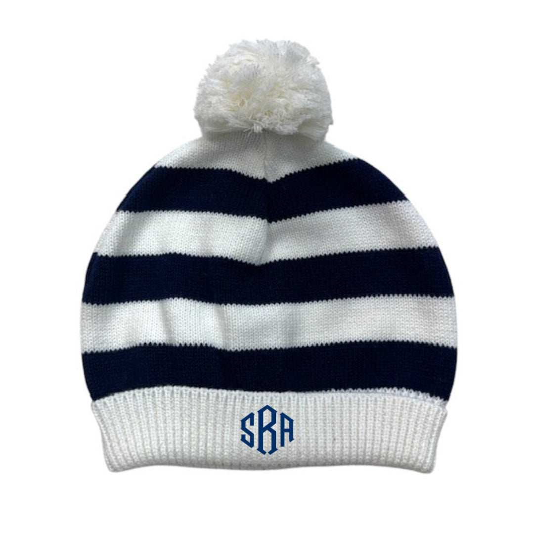 Cotton Striped Hat with Pom Pom in White & Navy