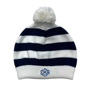 Cotton Striped Hat with Pom Pom in White & Navy