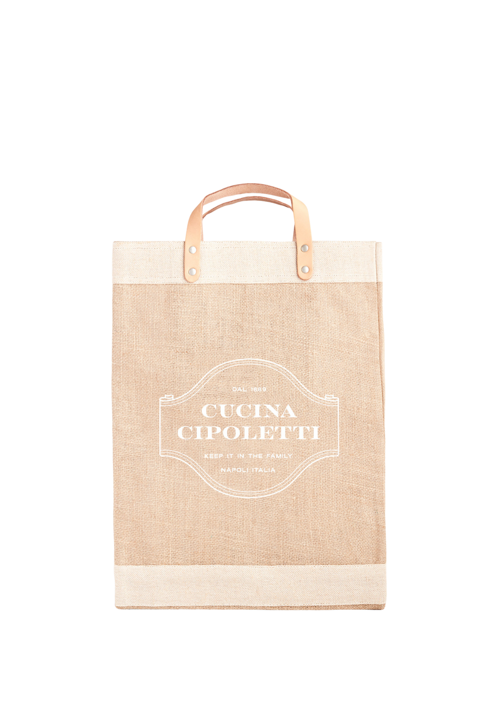 Front view of Cucina Cipoletti Market Tote with canvas, leather handles, and white CUCINA CIPOLETTI logo on white background