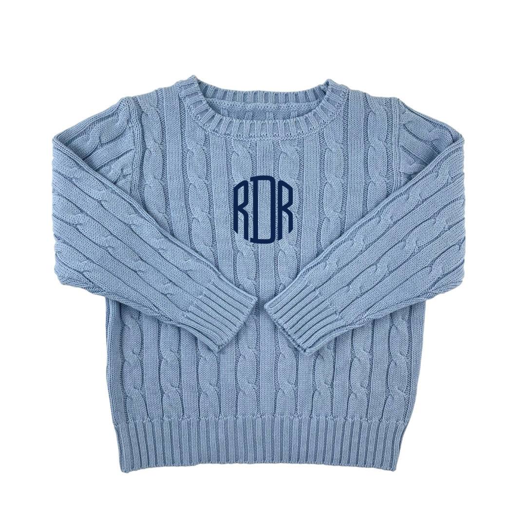 Cable Crewneck Knit Sweater in Medium Blue
