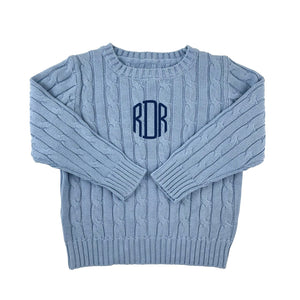 Cable Crewneck Knit Sweater in Medium Blue
