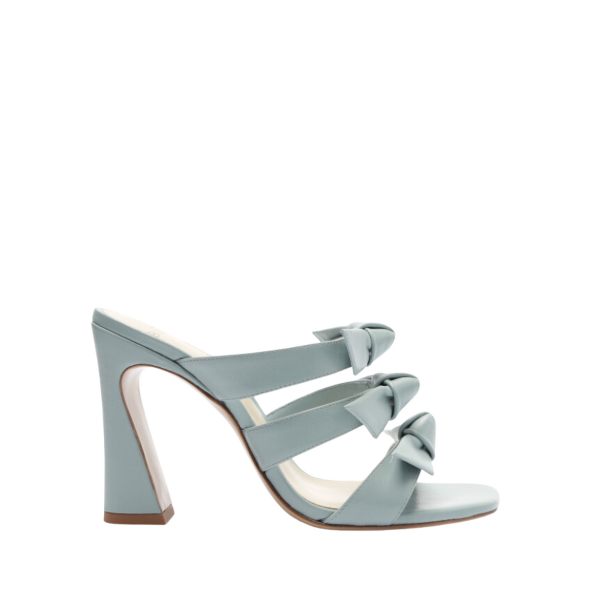 Side view of the Lolita Square 90 Nappa Leather Sandal showcasing Skyway nappa leather, triple knot upper, and square toe on white