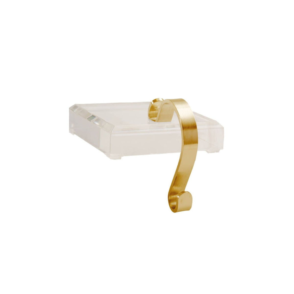 Front view of acrylic stocking holder showcasing clear acrylic block base with curved brass hook on white background