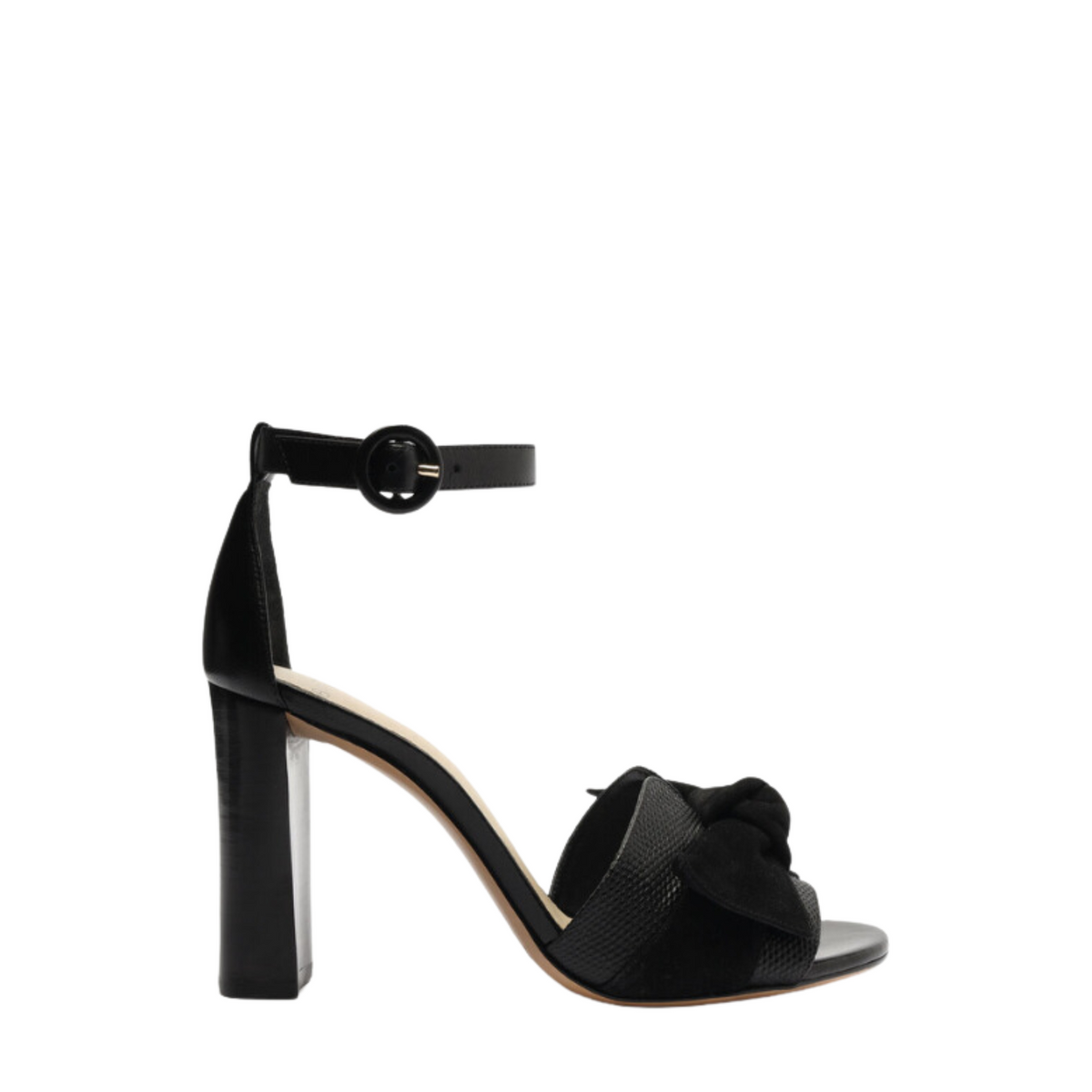 Side view of the black Maxi Clarita Block 90 Suede Sandal showcasing its knotted bow and block heel against a white background
