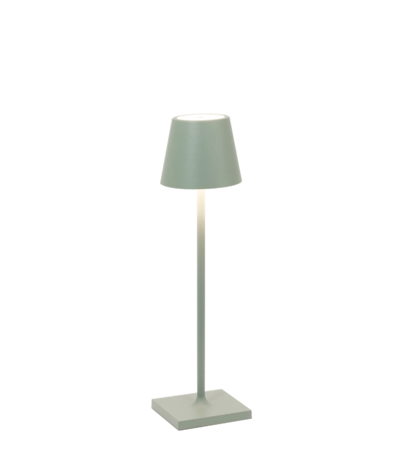 Front view of Poldina Pro Micro lamp showcasing slim stem, square base and conical shade in sage green on white background