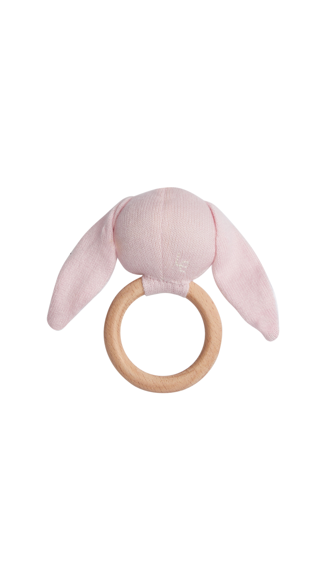 Front view of Rattle in Pink Bunny showcasing soft pink bunny head, satin ears, and natural wood ring on white background