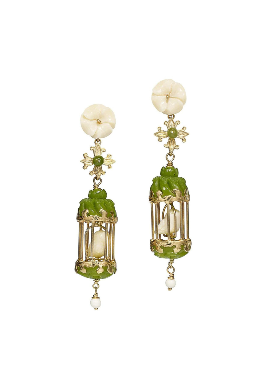 Front view of Aviary Classic Mini earrings showcasing gold vermeil birdcage drops with carved jade and white flower studs