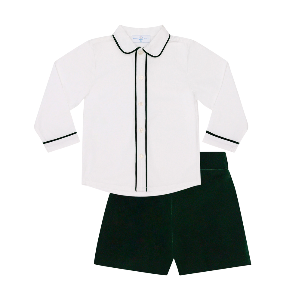 
Sullivan Shorts Set for boys in Grafton Green Velvet, featuring a white long-sleeve Peter Pan collar shirt with green piping and coordinating green velvet shorts.