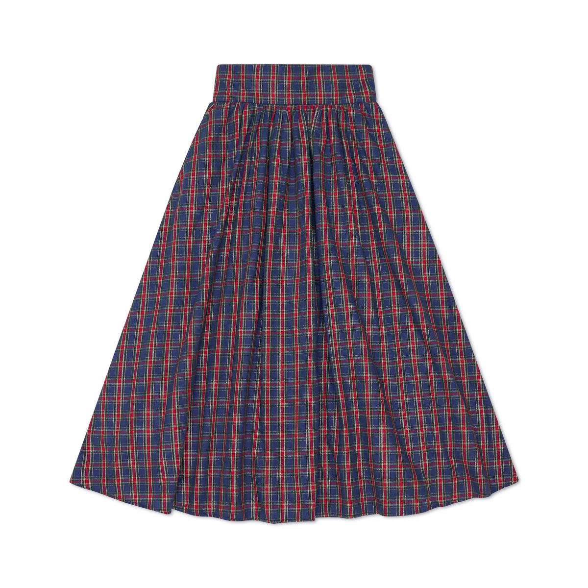 Women’s Audrey Skirt in navy, red, and green Tinsel Tartan with subtle metallic thread, featuring a full gathered midi-length silhouette.