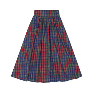 Women’s Audrey Skirt in navy, red, and green Tinsel Tartan with subtle metallic thread, featuring a full gathered midi-length silhouette.