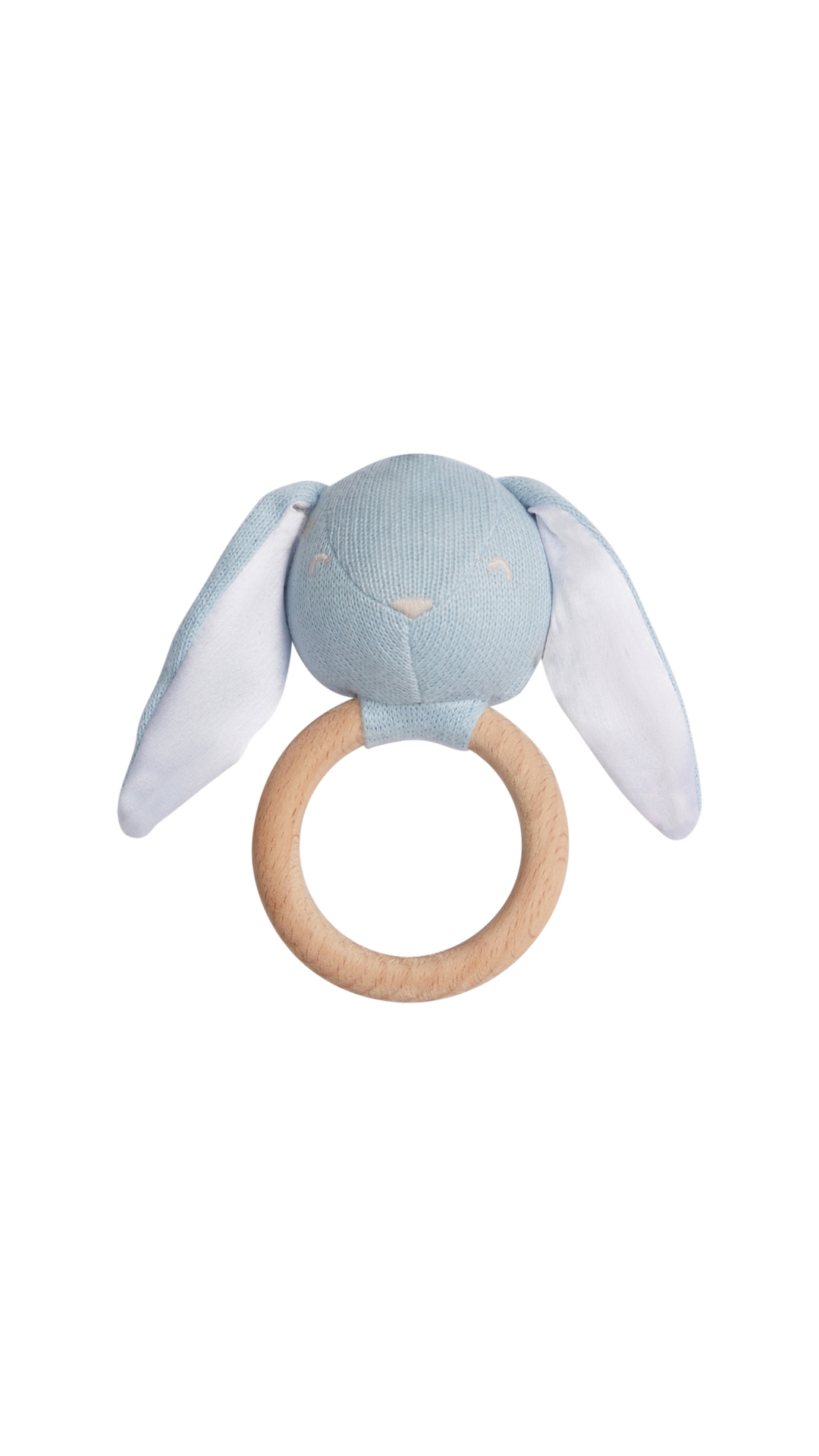 Front view of Rattle in Blue Bunny showcasing its knit bunny head, satin ears, and natural wood ring on a white background