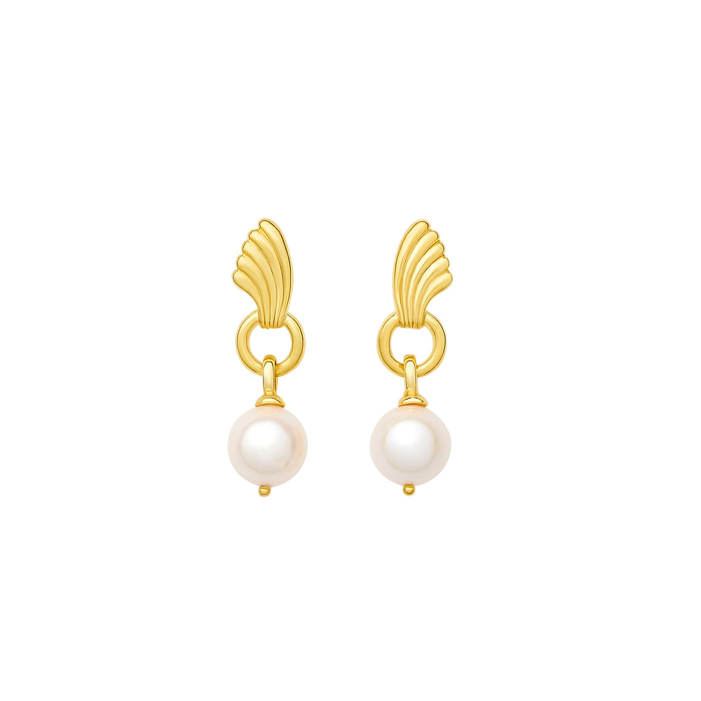 Front view of Uptown Earrings showcasing gold-plated plume toppers with hanging freshwater pearls on white background