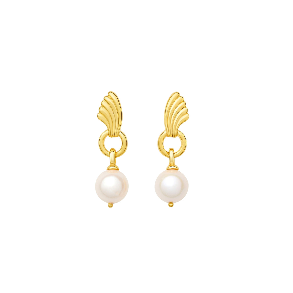 Front view of Uptown Earrings showcasing gold-plated plume toppers with hanging freshwater pearls on white background
