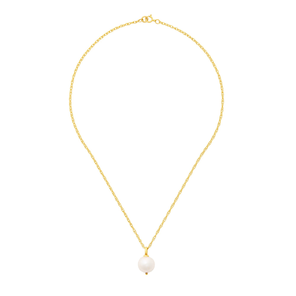 Front view of Uptown Necklace showcasing 14/20 gold-filled double rope chain with single white freshwater pearl pendant on white background