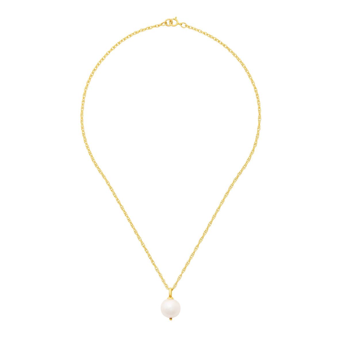 Front view of Uptown Necklace showcasing 14/20 gold-filled double rope chain with single white freshwater pearl pendant on white background